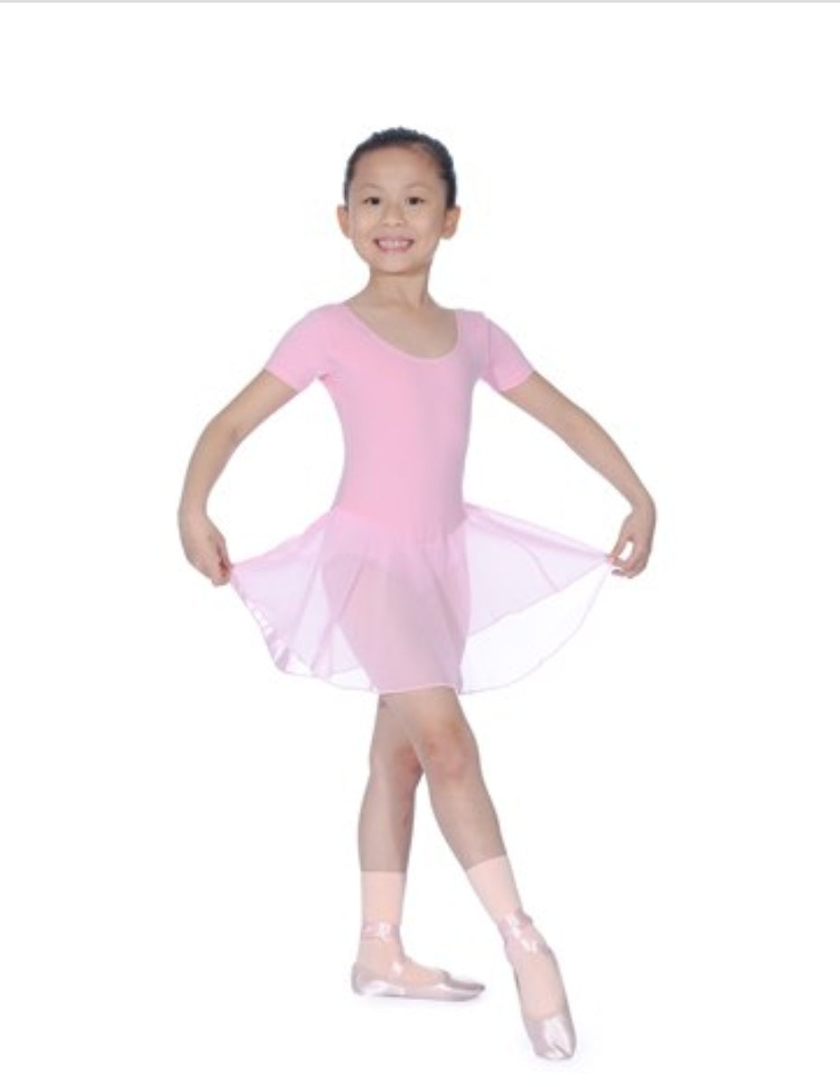 Capped sleeve skirted leotard in pink